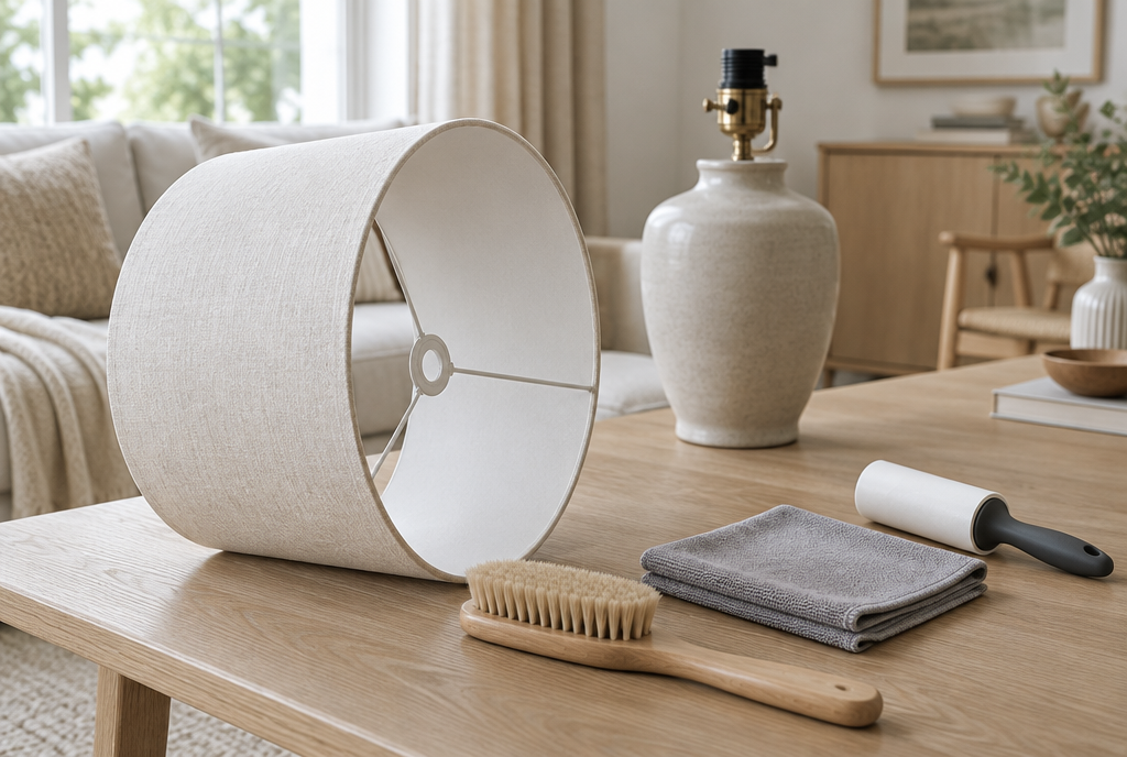 Abat-jour en lin posé à plat sur une table, à côté d'une brosse douce, d'un chiffon microfibre et d'un rouleau antipeluches, prêt à être dépoussiéré