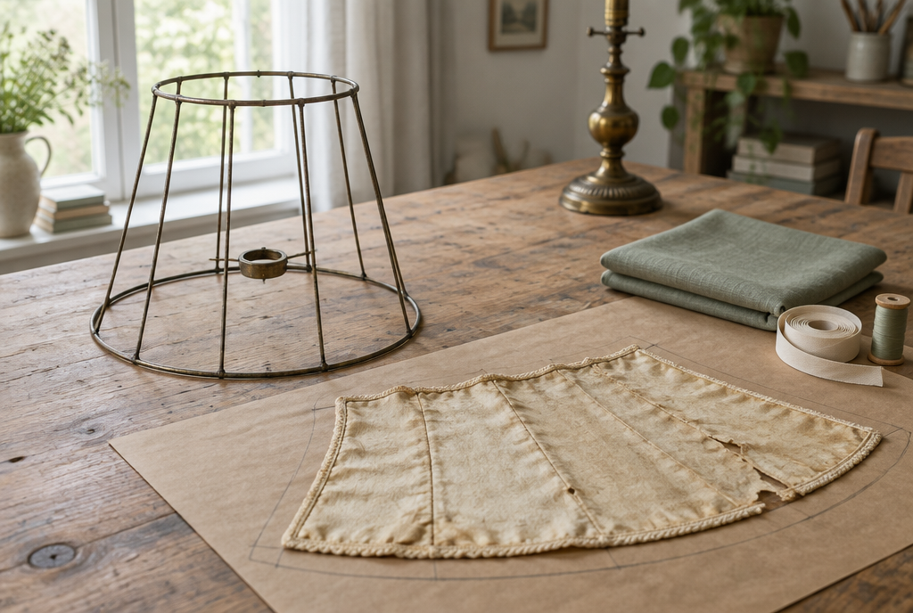 Carcasse métallique d'un abat-jour ancien en forme d'empire, dénudée, posée sur une table à côté de son ancienne toile jaunie mise à plat et d'un coupon de tissu neuf Image