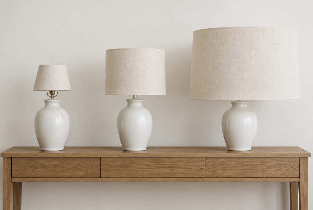 Trois lampes à poser identiques alignées sur une console, coiffées d'un abat-jour trop petit, bien proportionné et trop grand, pour comparer les proportions Image