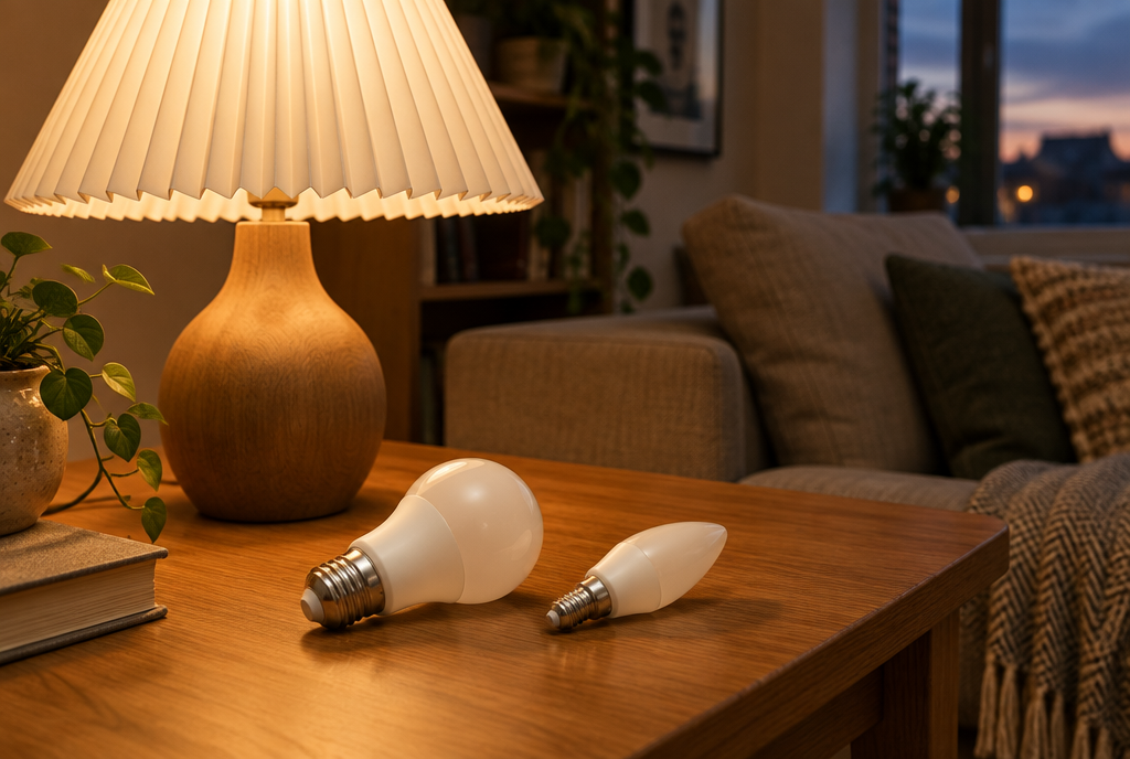 Lampe à poser allumée avec un abat-jour en papier plissé, à côté de deux ampoules LED, l'une à culot E27 et l'autre à culot E14, posées sur la table Image